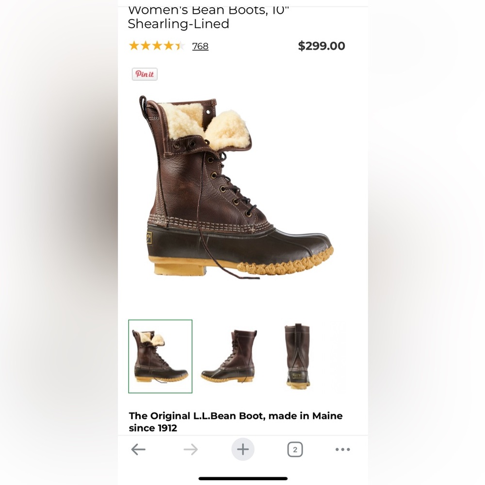 LL Bean Women's Bean Boots, 10" Shearling-Lined, Brown, size 7M